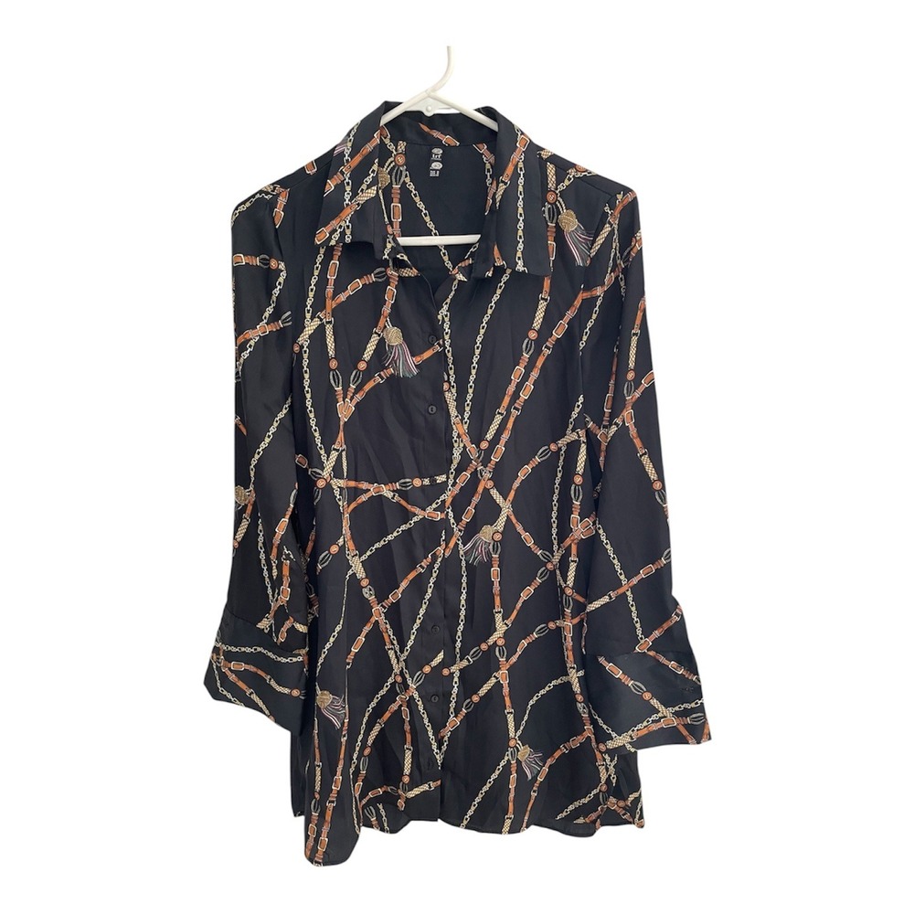 Zara TRF Collection Black Equestrian Belt Chain Print Button Down Blouse Medium